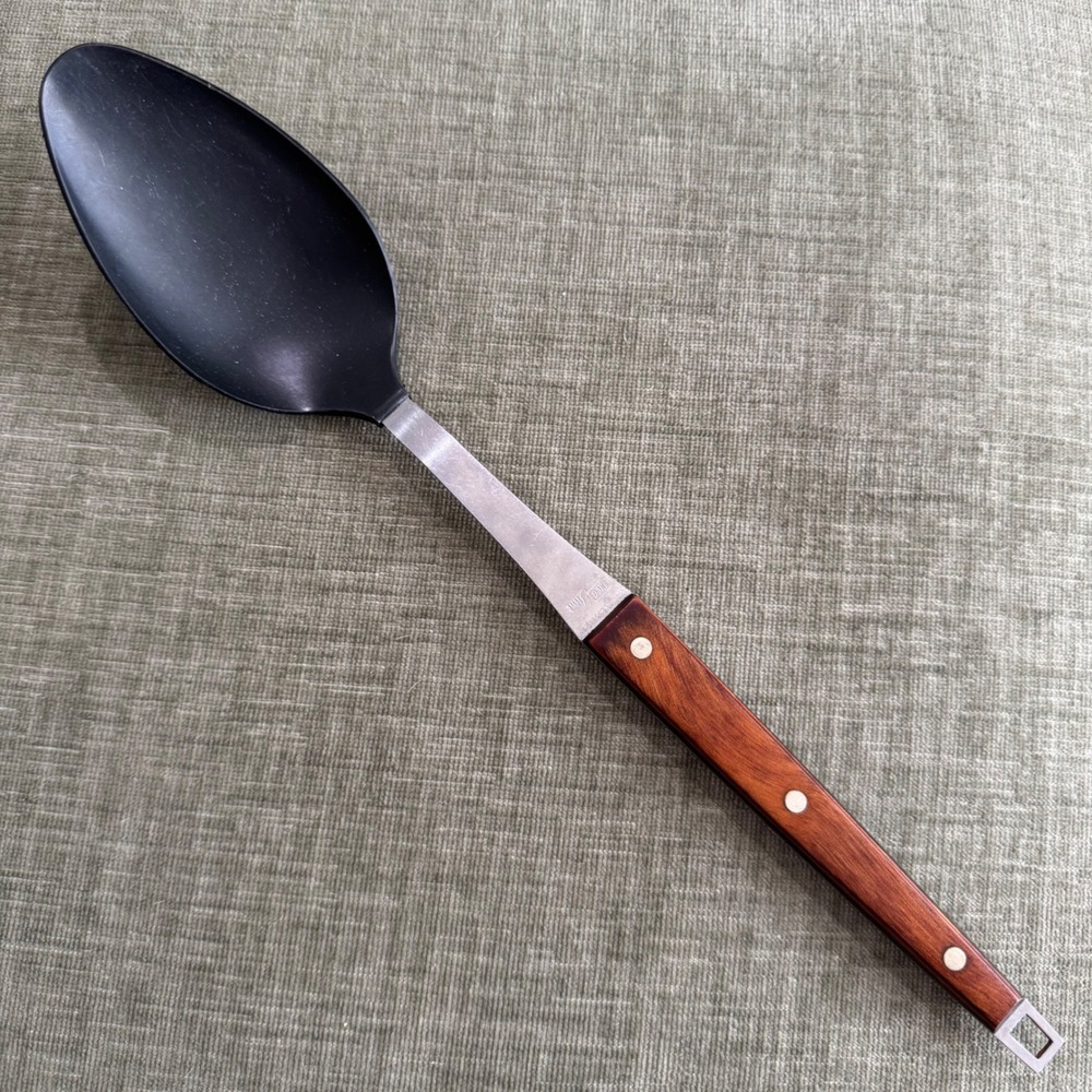 VTG EKCO Flint Serving Spoon 12" Wood Handle Stainless Steel Plastic Bowl